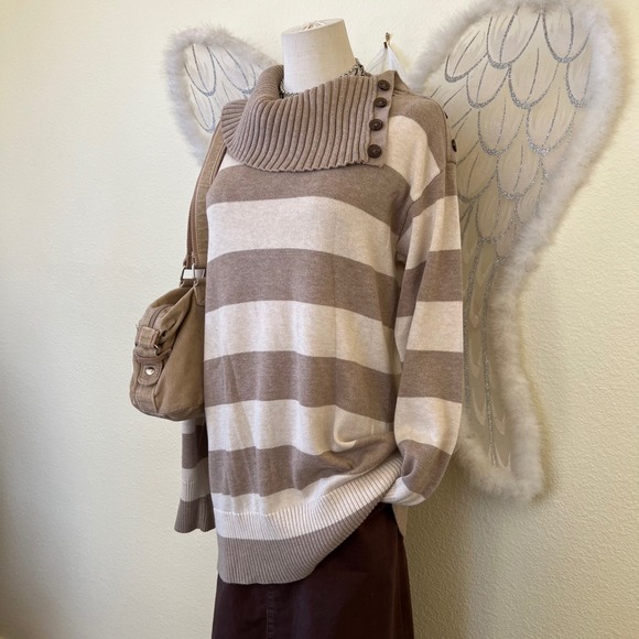 Whimsy Twee Striped Cowl Neck Button Detail Sweater Indie Sleaze Mori Kawaii - Picture 2 of 9